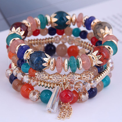 4Pcs 4 Styles Bohemian Style Alloy Glass Round Beaded Stretch Bracelets FS-WG80D8B-06-1