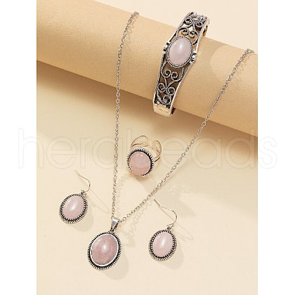 Oval Alloy with Natural Rose Quartz Pendant Necklaces & Dangle Earrings & Cuff Ring & Bangles Sets WG03D09-02-1