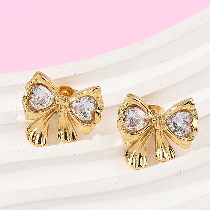 Bowknot 304 Stainless Steel Glass Stud Earrings EJEW-M105-02G-1