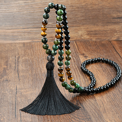 Natural Black Stone & African Turquoise(Jasper) & Tiger Eye 108 Mala Prayer Round Beaded Wrap Necklaces with Long Tassel FS-WGB975F-02-1