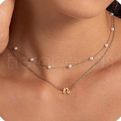 2Pcs 304 Stainless Steel & White Plastic Imitation Pearl Letter Pendant Double Layer Necklaces FS-WG86091-14-1