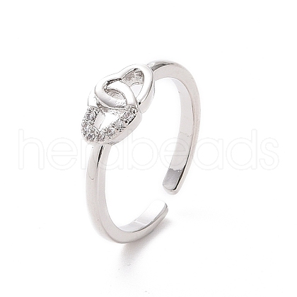 Clear Cubic Zirconia Interlocking Heart Open Cuff Ring RJEW-H127-08P-1