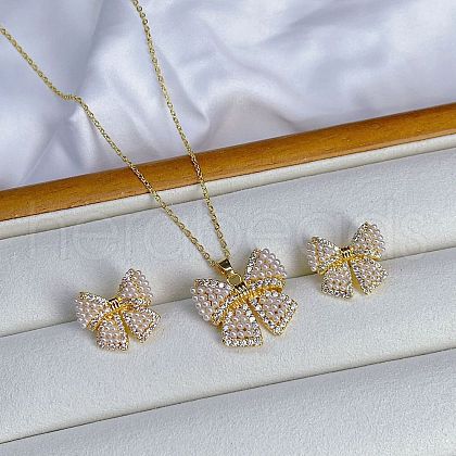 Bowknot Brass Micro Pave Clear Cubic Zirconia Pendant Necklace & Stud Earrings Sets FS-WGCEA70-01-1
