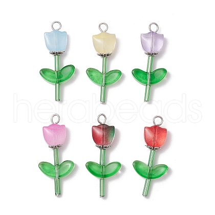 Transparent Glass Beads with Tibetan Style Alloy Caps and Glass Bugle Beads and Brass Flat Head Pins Pendants PALLOY-JF03623-1