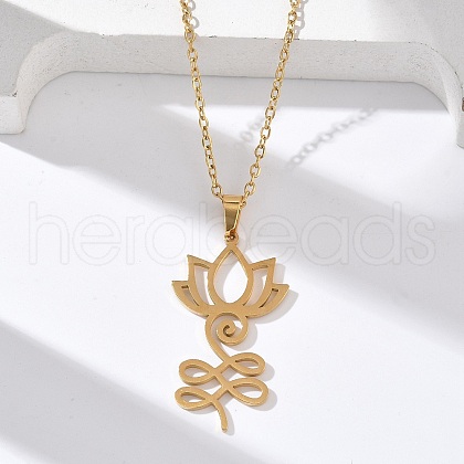 304 Stainless Steel Hollow Cut Yoga Om Lotus Flower Pendant Necklaces NJEW-Z073-02G-02-1