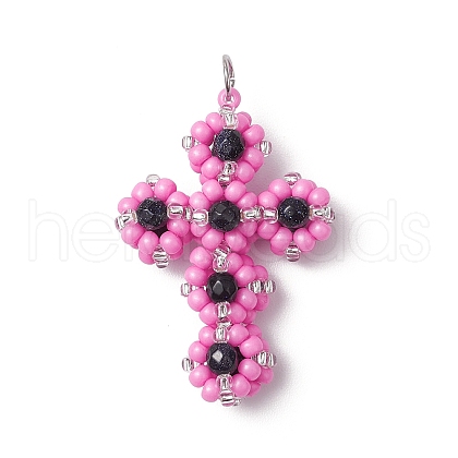 Glass Seed Beaded Cross Pendants PALLOY-MZ00642-04-1