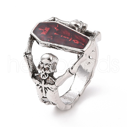 Enamel Skull with Coffin Finger Ring RJEW-H109-05AS-1