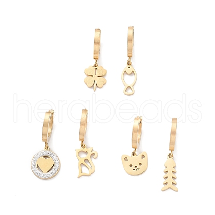 3 Pair 3 Style Heart & Bear & Fish & Clover Crystal Rhinestone Asymmetrical Earrings EJEW-B020-15G-1