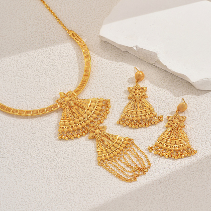 Vintage Brass Fan Tassel Necklaces & Earrings Set for Bride Wedding OP7921-1