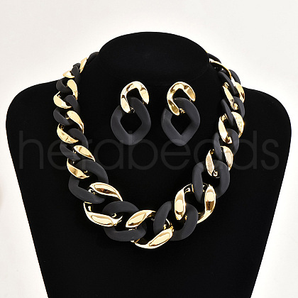 Alloy & CCB Plastic Curb Chain Necklace & Stud Dangle Earrings Sets FS-WG734CE-03-1