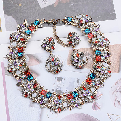 Flower Alloy Rhinestone Chain Necklaces & Stud Dangle Earrings Sets FS-WG8AADA-06-1