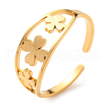 304 Stainless Steel Clover Open Cuff Ring RJEW-F149-04G-1