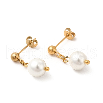 Glass Pearl Tassel Dangle Stud Earrings EJEW-P219-10G-1