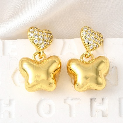 Heart with Butterfly Brass Micro Pave Clear Cubic Zirconia Dangle Stud Earrings EJEW-Z099-01G-1