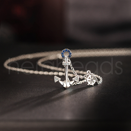 Vintage 925 Sterling Silver Blue Cubic Zirconia Ship Anchor Rudder Pendant Necklaces AJ6601-1