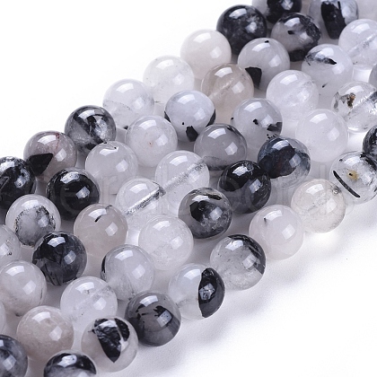 Natural Tourmalinated Quartz/Black Rutilated Quartz Beads Strands G-E558-04-8mm-1