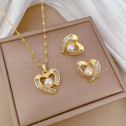 Heart Brass Micro Pave Cubic Zirconia Pendant Necklace & Stud Earring Sets FS-WG0F9B0-01-1