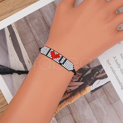 Glass Seed Wide Band with Word I Love U Heart Friendship Link Bracelet for Women BJEW-P269-11-1