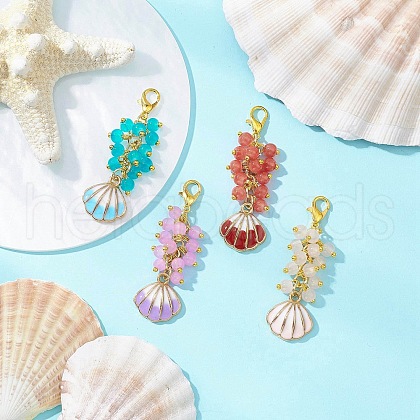 Shell Shape Alloy Enamel & Round Glass Bead Pendant Decorations HJEW-JM03248-1