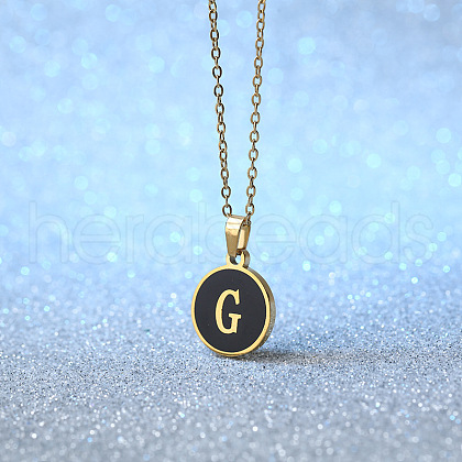 Alloy Black Enamel Flat Round with Letter Pendant Necklaces for Women WG4B845-07-1