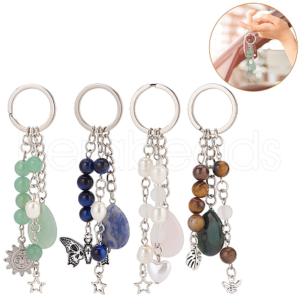 Gemstone with ABS Plastic Imitation Pearl Beaded Keychain with Star/Heart/Sun/Butterfly Alloy Pendants KEYC-PH01516-01-1