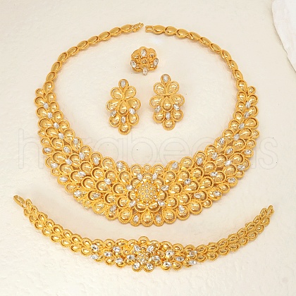 Elegant Vintage Brass & Plastic Flower Bracelets & Earrings & Necklaces & Rings Sets for Women HV3857-1