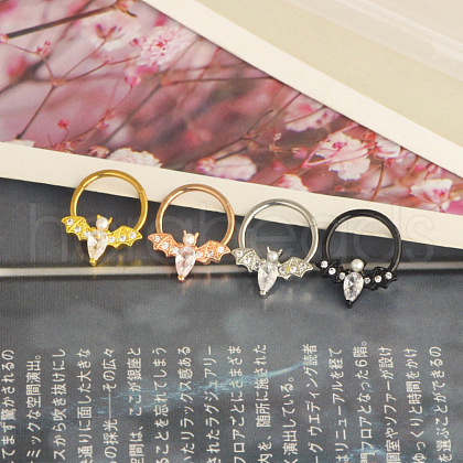 304 Stainless Steel Clear Cubic Zirconia Bat Hoop Cartilage Earrings WG1F324-08-1