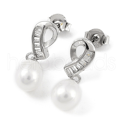 Anti-Tarnish Cubic Zirconia Bowknot with Natural Pearl Dangle Stud Earrings EJEW-F318-15P-1