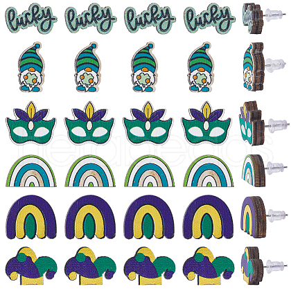 SUNNYCLUE 60Pcs 6 Styles Saint Patrick's Day Wood Stud Earrings EJEW-SC0001-42-1