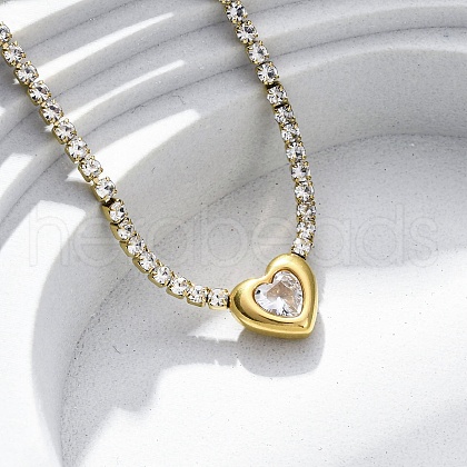 304 Stainless Steel Clear Cubic Zirconia Heart Pendant Necklaces for Women NJEW-Z044-15G-02-1
