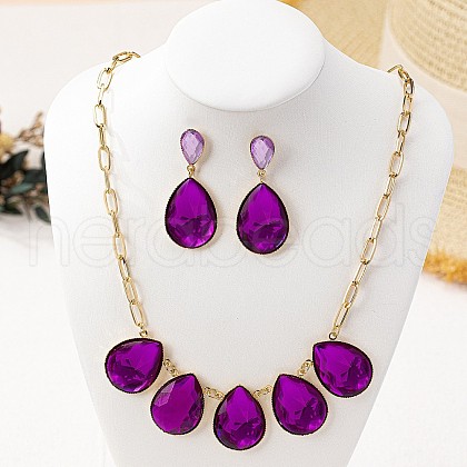 Teardrop Alloy Glass Pendant Necklace & Stud Dangle Earring Sets FS-WG22B44-01-1