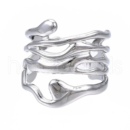 304 Stainless Steel Wave Open Cuff Ring RJEW-T023-31P-1