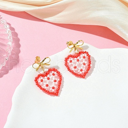 Heart Handmade Glass Seed Beads Dangle Stud Earrings EJEW-MZ00369-01-1