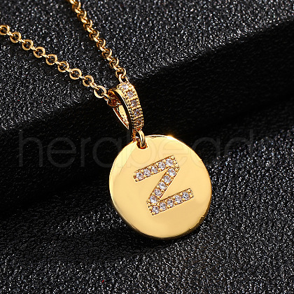 Brass Micro Pave Clear Cubic Zirconia Flat Round with Letter Pendant Necklaces FS-WG00655-26-1