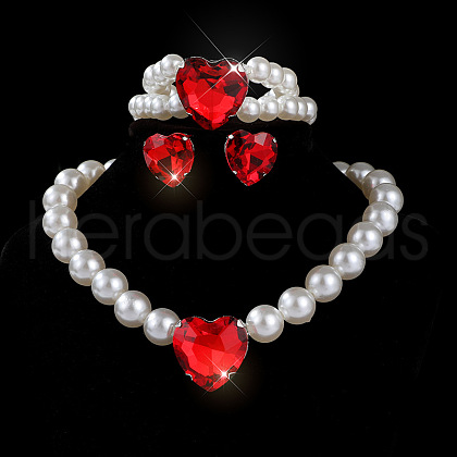 Heart Glass Rhinestone & Plastic Pearl Beaded Necklaces & Stud Earrings & Bracelets Sets FS-WGC950C-06-1