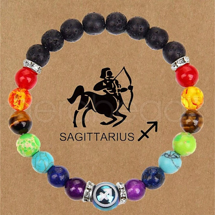 12 Constellations 7 Chakra Natural Lava Rock & Agate & Amethyst & Tiger Eye & Turquoise & Glass Round Beadeed Stretch Bracelets WG33A89-06-1