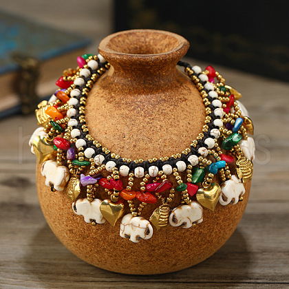 Bohemian Dyed Synthetic Turquoise Elephant & Brass Fish Heart Beaded Tassel Anklets for Women FS-WG11539-03-1