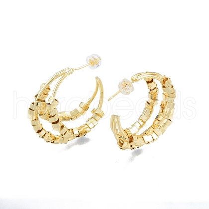 Brass Cube Beaded Crescent Moon Stud Earrings EJEW-P205-01G-1