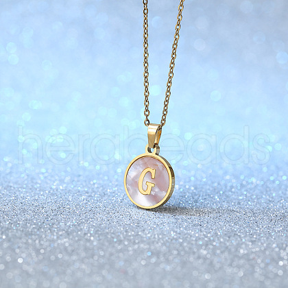 Flat Round Stainless Steel Pave Natural White Shell Initial Pendant Necklaces for Women FS-WG6FA45-07-1