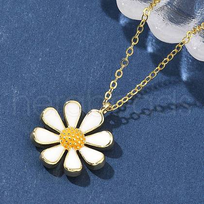 Brass White Enamel Flower Pendant Necklaces for Women NJEW-S449-07G-1