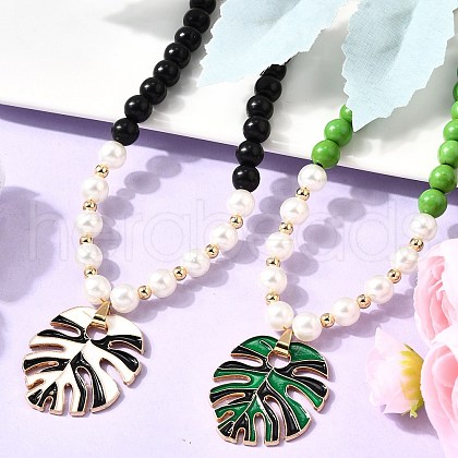 2Pcs Leaf Alloy Enamel Pendant Necklaces for Women NJEW-JN05350-1