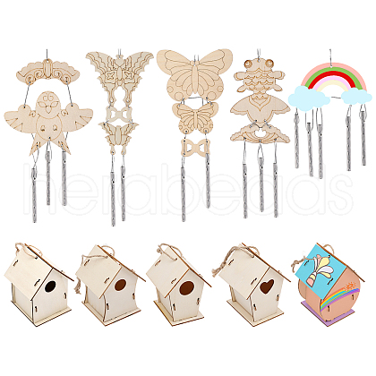 BENECREAT 20 Sets 10 Style DIY Unfinished Wood Wind Chime & Bird House Making Kits DIY-BC0012-21-1
