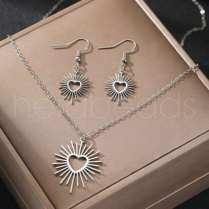 Heart Sun 304 Stainless Steel Pendant Necklaces & Dangle Earrings Sets FS-WGE9EFA-02-1