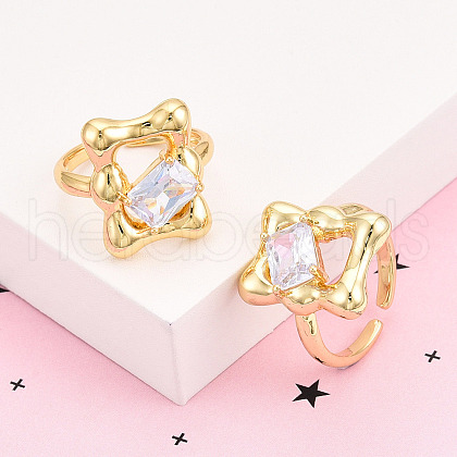 Brass Micro Pave Clear Cubic Zirconia Cuff Rings for Women KK-T074-12G-1