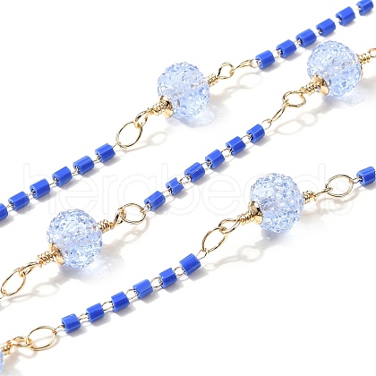 Brass Hexagonal Column Glass Seaded Beaded & Resin Round Beaded Link Chains CHC-G026-01E-1