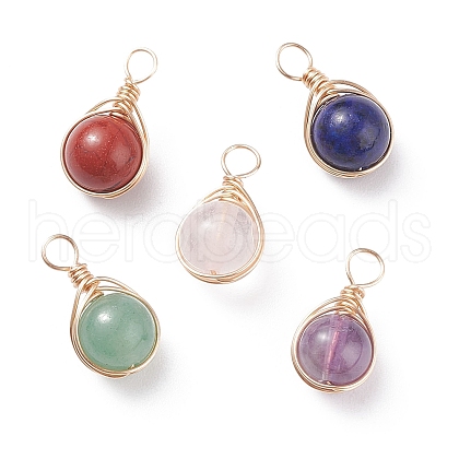 5Pcs 5 Styles Natural Red Jasper & Rose Quartz & Blue Tiger Eye & Green Aventurine & Amethyst Pendants PALLOY-JF01392-S-1