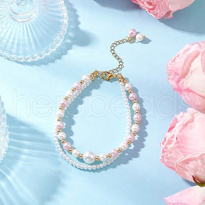 Glass Pearl Round Beaded Multi-strand Bracelets BJEW-JB11918-03-1