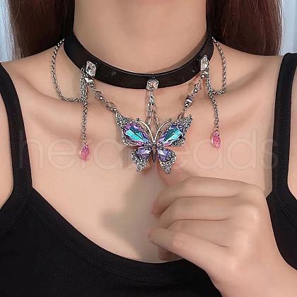 Butterfly Alloy & Colorful Glass Black Imitation Leather Cord Adjustable Choker Necklaces for Women FS-WGBC09D-01-1