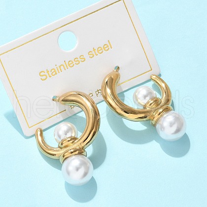 304 Stainless Steel & ABS Plastic Imitation Pearl Half Hoop Stud Earrings EJEW-S253-19G-1