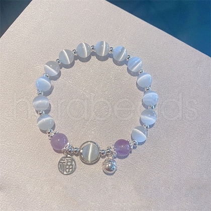 Bell Alloy & Cat Eye & Natural Amethyst Round Beaded Lucky Charm Bracelets for Women WG9D4EC-06-1
